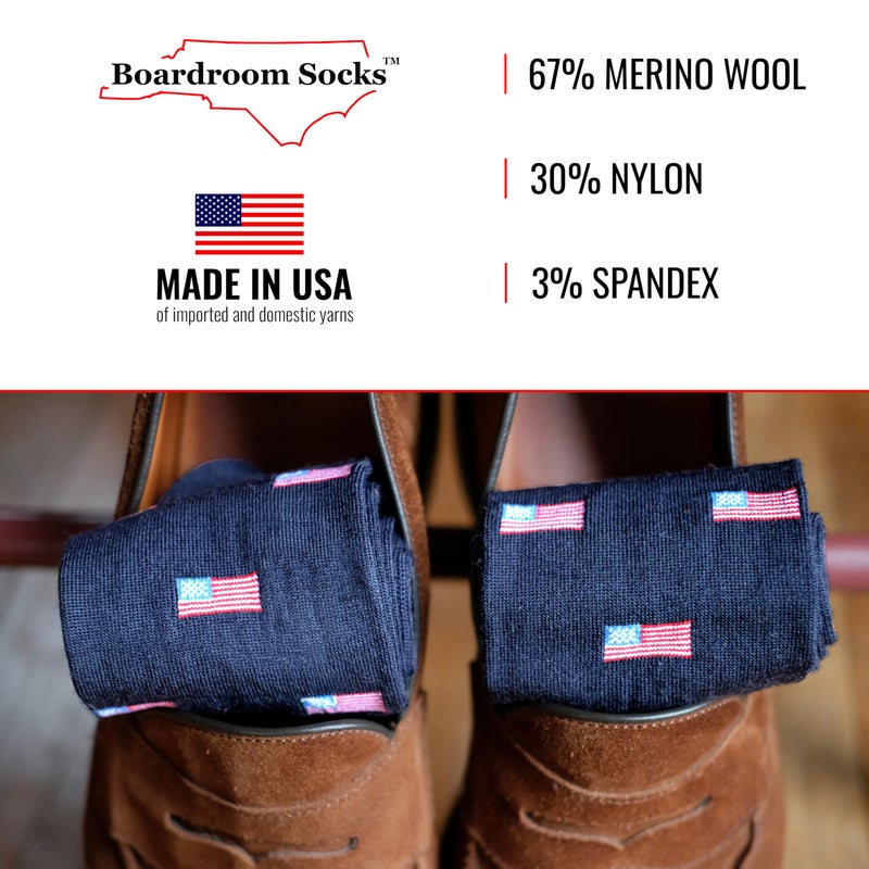 BoardroomSocks Merino Wool Mid-Calf Patterned Socks, Dress Socks for Men, Navy With American Flags - Image 3